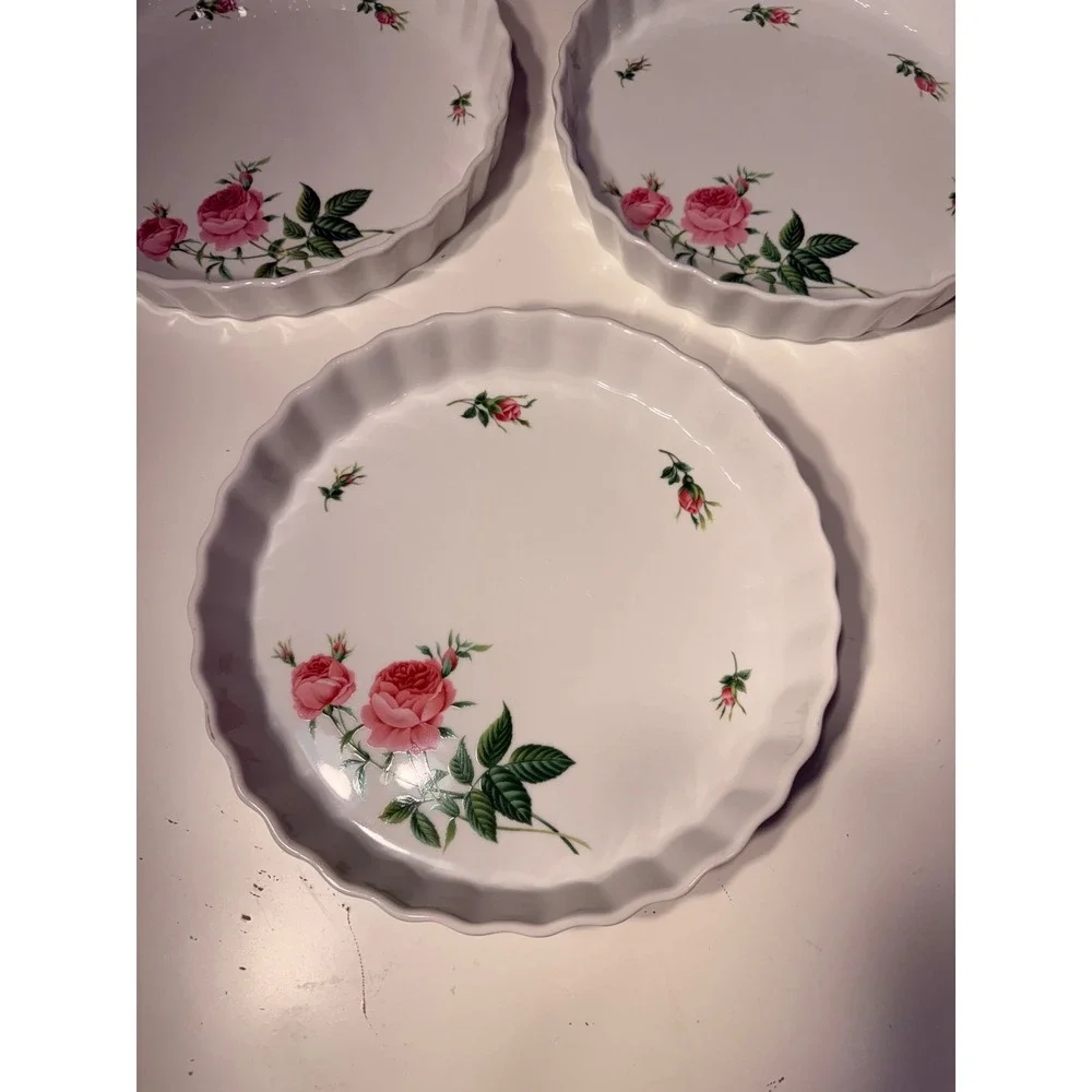 Set of 3 Christineholm Rose Floral Porcelain Quiche Tart Pans 9.5 Inch Fluted